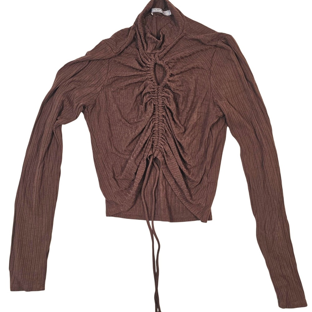 Rare Red by BKE Brown Ribbed Ruched Front Long Sleeve Mock Neck Keyhole Medium